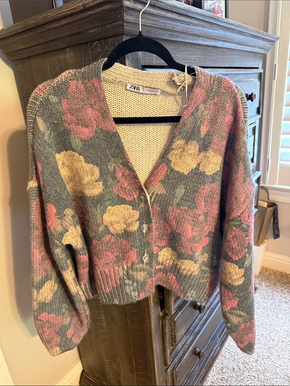 Zara Gray Floral V-Neck Button Cardigan with Pink & Yellow Flowers
